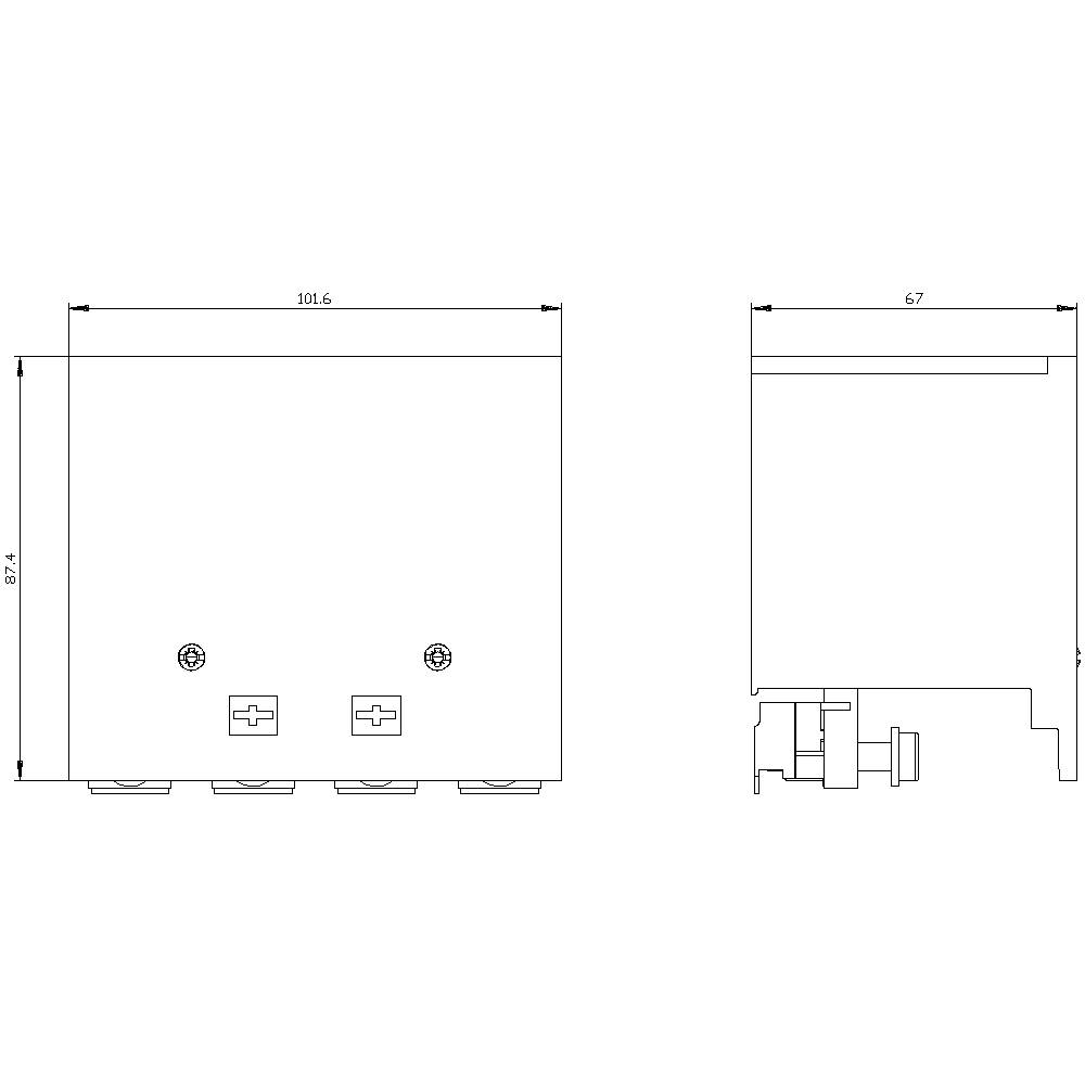 Technische Zeichnung eines rechteckigen Gehäuses mit den Maßen: Breite 101,6 mm, Höhe 87,4 mm und Tiefe 67 mm. Seiten- und Rückansicht.