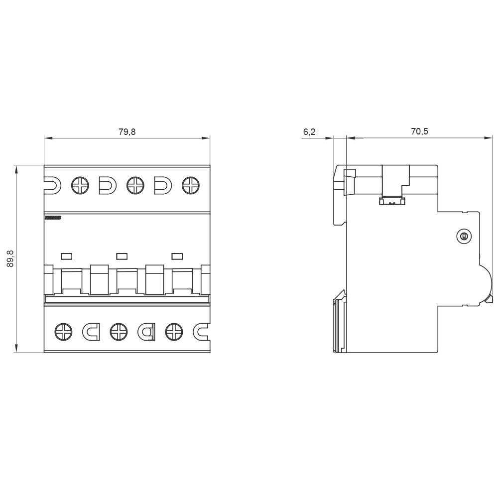 Technische Zeichnung eines elektrischen Schalters mit seitlicher und frontalansicht. Maße sind 79,8 mm Breite, 89,8 mm Höhe.