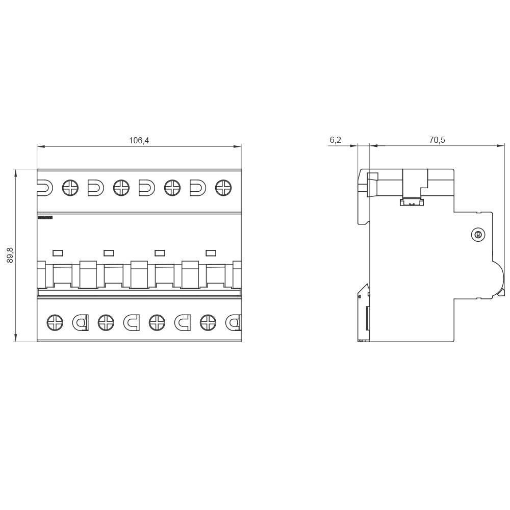 Skizze eines Modulbauteils mit Abmessungen: 106,4 mm Länge, 70,5 mm Höhe, 86,3 mm Breite. Zeigt Vorder- und Seitenansicht.