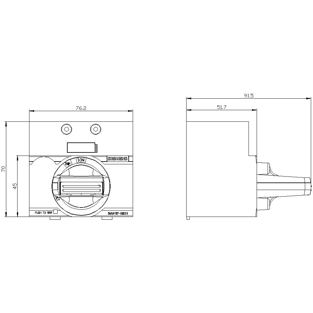 Technische Zeichnung eines elektrischen Bauteils mit Abmessungen: Vorderansicht zeigt 75 x 76,2 mm; Seitenansicht zeigt 51,7 x 91,5 mm.