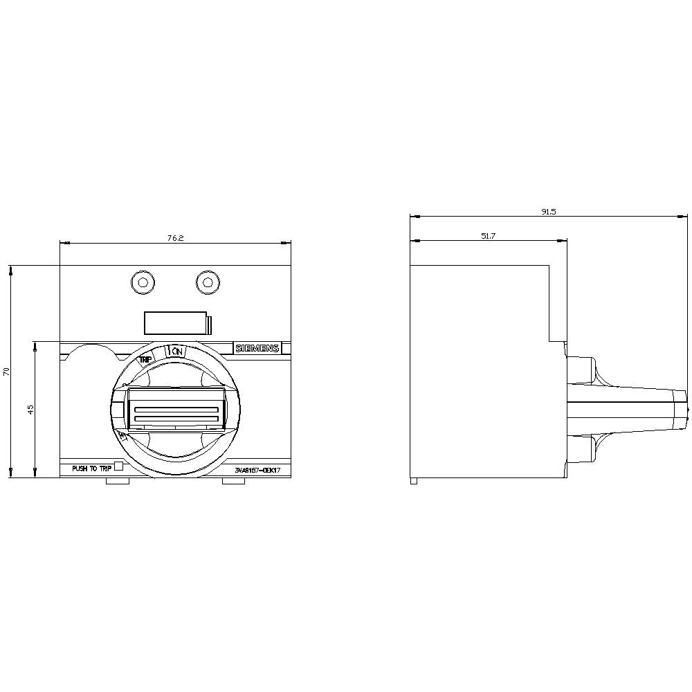Technische Zeichnung eines Geräts mit Front- und Seitenansicht, Maßangaben in Millimetern. Zeigt detaillierte Geräteabmessungen.