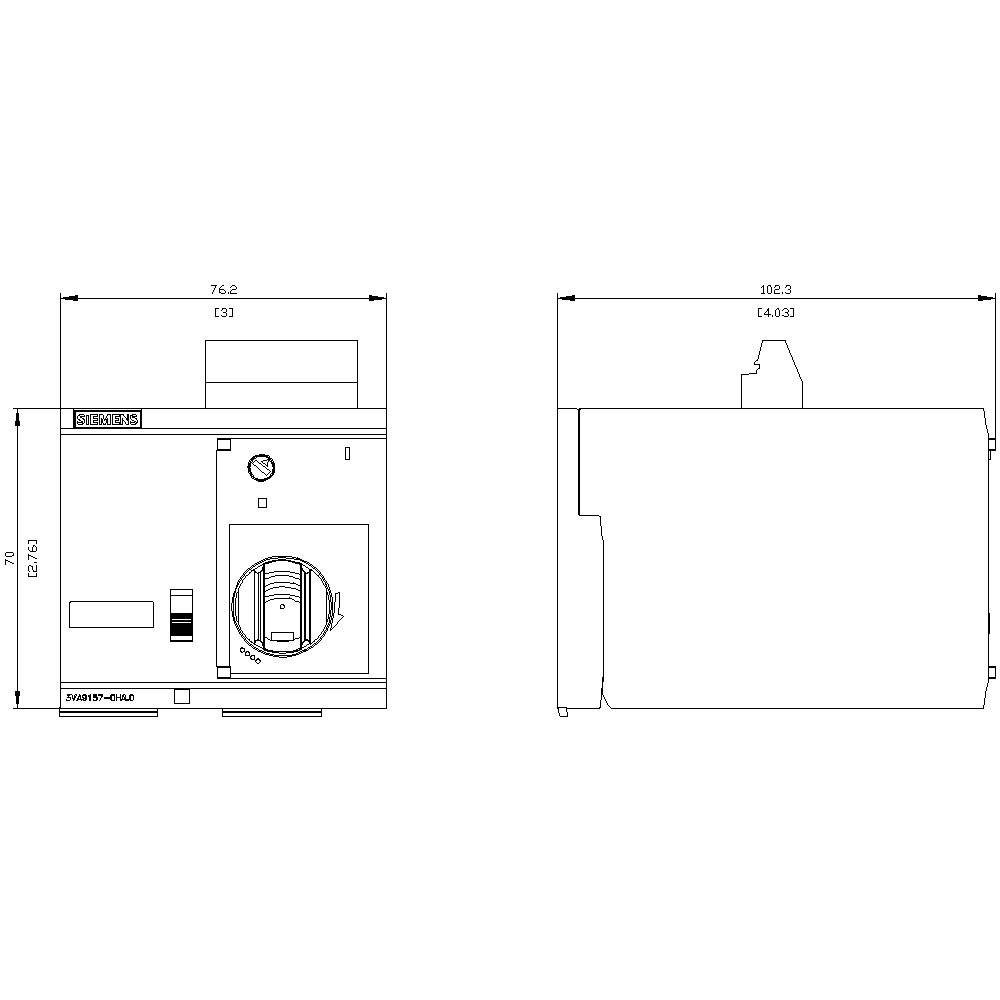 Technische Zeichnung eines quadratischen Geräts mit Maßangaben. Links die Frontansicht mit Schalter, rechts die Seitenansicht. Maße: 76,2 mm Breite, 100,3 mm Tiefe.