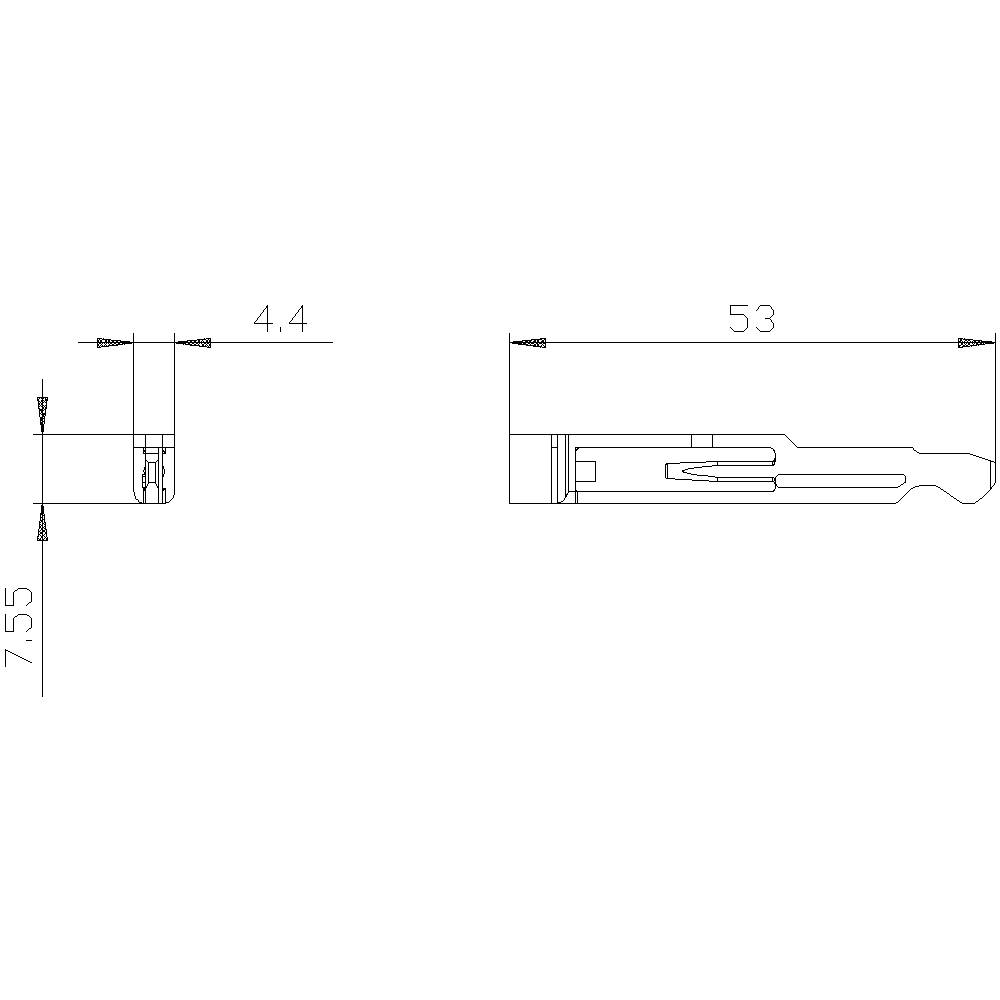 Technische Zeichnung eines Metallstücks mit Maßen: Länge 53 mm, Breite 4,4 mm, Höhe 7,55 mm. Zeigt seitliche und vordere Ansichten.