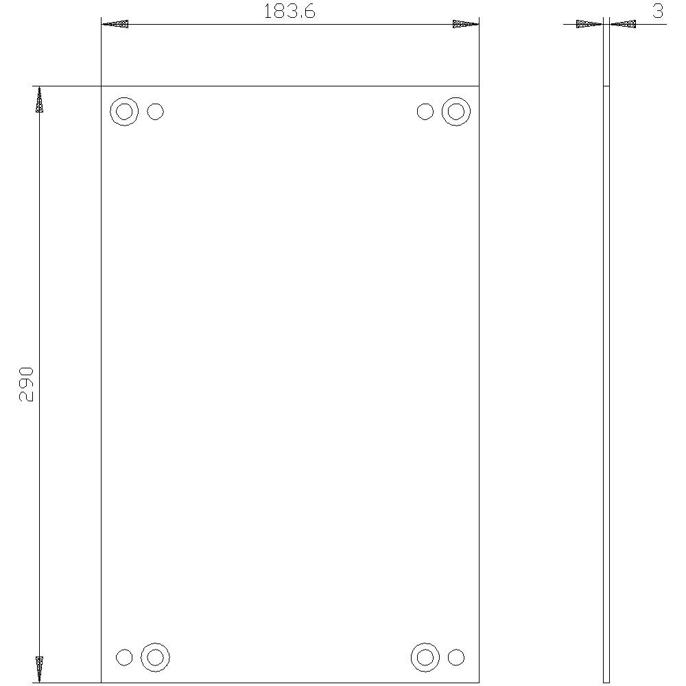 Technische Zeichnung eines rechteckigen Bauteils mit den Maßen 183,6 mm x 290 mm und einer Dicke von 3 mm. Bohrungen an den Ecken.