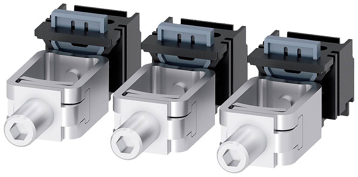 Drei silberne Metallkomponenten mit schwarzen und blauen Kunststoffteilen, vermutlich mechanische oder elektronische Steckverbinder.