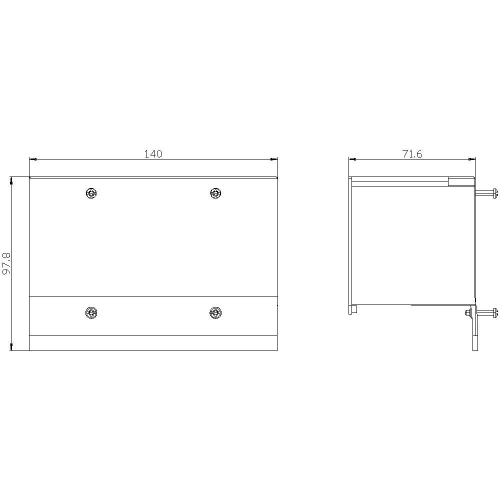 Technische Zeichnung eines rechteckigen Gehäuses mit Maßen: Breite 140 mm, Höhe 92,8 mm, Tiefe 71,6 mm. Front- und Seitenansicht.