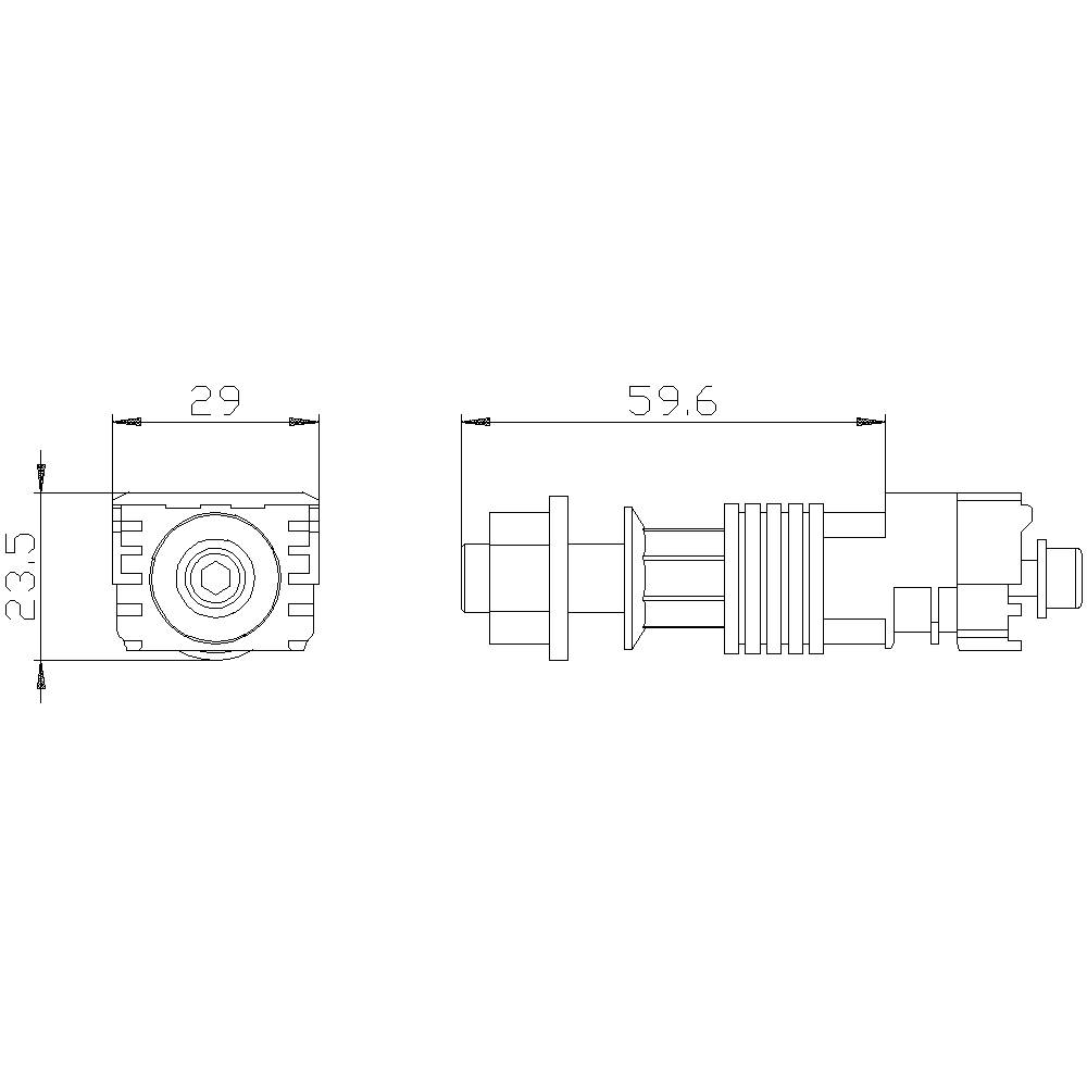 Technische Zeichnung eines Steckverbinders mit Maßen: Länge 59,6 mm, Breite 29 mm, Höhe 23,5 mm. Ansicht von vorne und Seite.