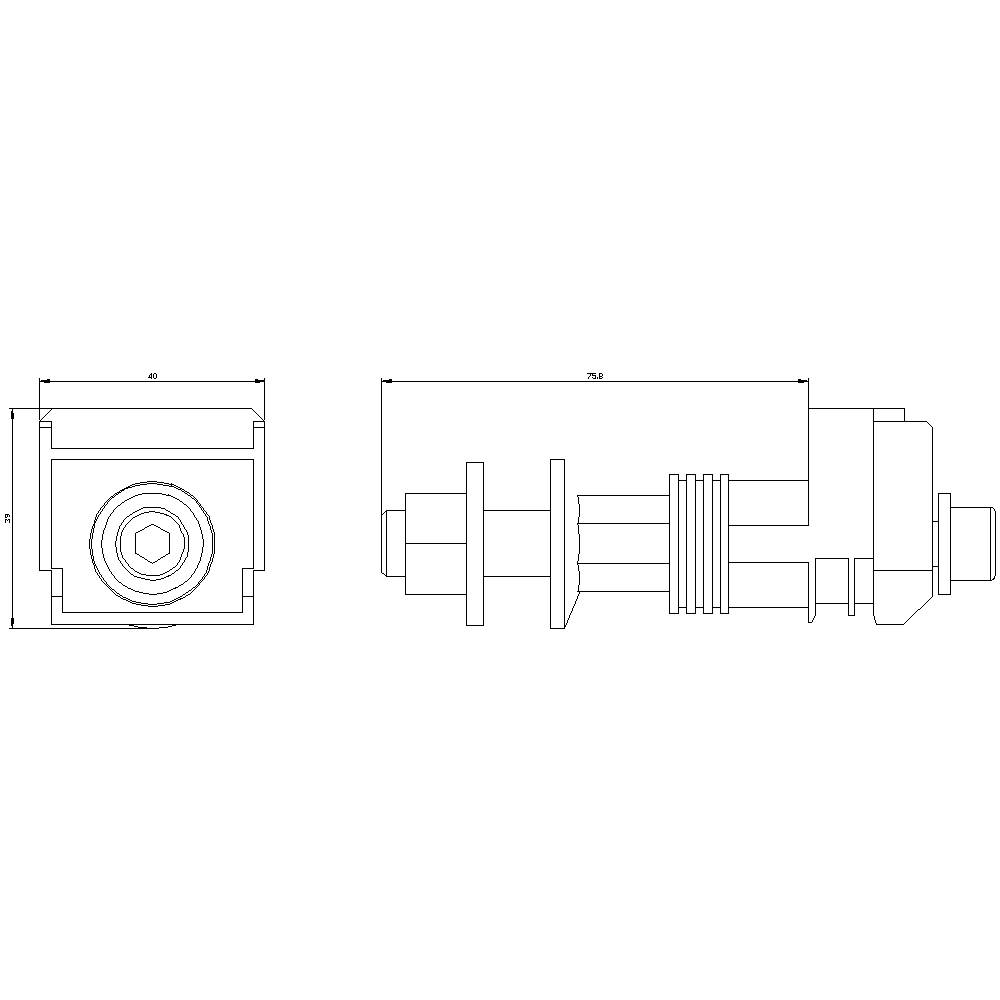 Technische Zeichnung eines mechanischen Bauteils mit seitlicher und frontaler Ansicht, mit Abmessungen in Millimetern.