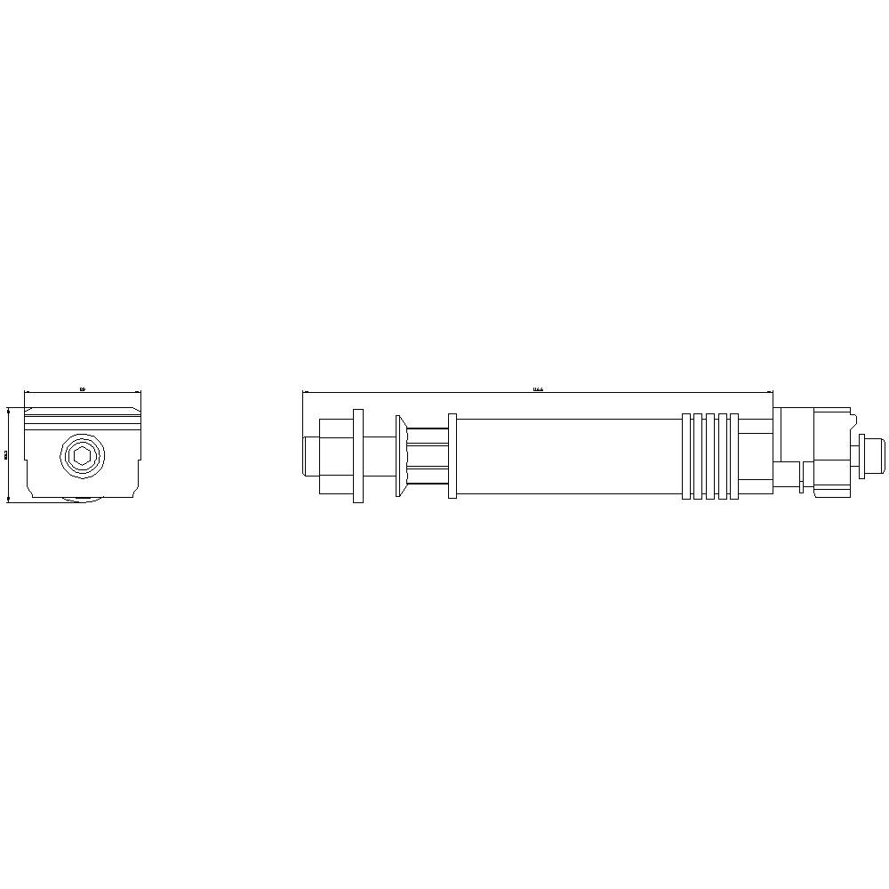 Technische Zeichnung eines Hydraulikzylinders, Seiten- und Vorderansicht mit detaillierten Maßen und Komponentenkennzeichnungen.