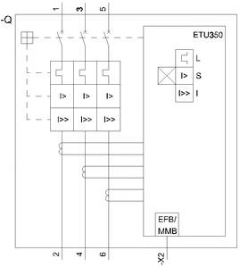 Technische Zeichnung eines Schalters mit Bezeichnungen: 'ETU350', 'L', 'S', 'I', 'EFB/MMB'. Linien zeigen elektrische Verbindungen.