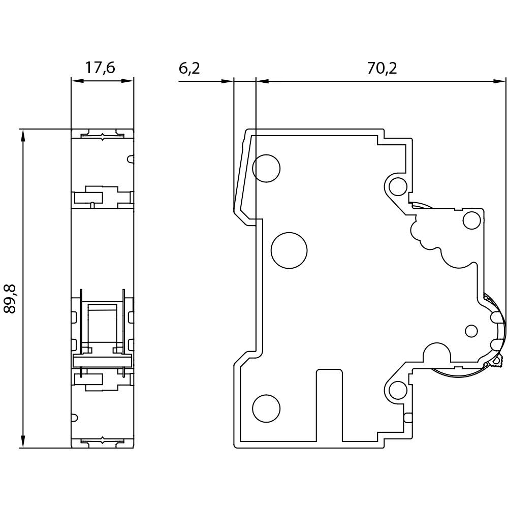 Gehäuseskizze eines elektrischen Bauteils mit den Maßen: Höhe 89,8 mm, Breite 17,6 mm, Tiefe 70,2 mm. Ansicht von vorne und der Seite.