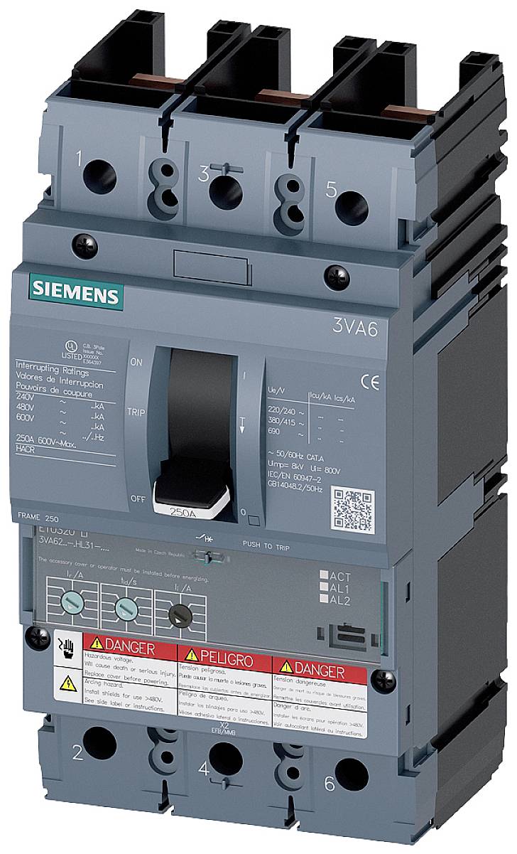 Abgebildet ist ein Siemens-Leistungsschalter 3VA6 mit drei Polanschlüssen und Beschriftungen für Sicherheits- und Bedienungshinweise.