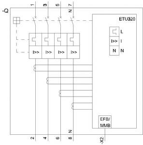 Schaltplan einer elektrischen Anlage mit ETU320-Einheit. Zeigt Verkabelung und elektrische Symbole für Schaltkreise und Schutzgeräte.