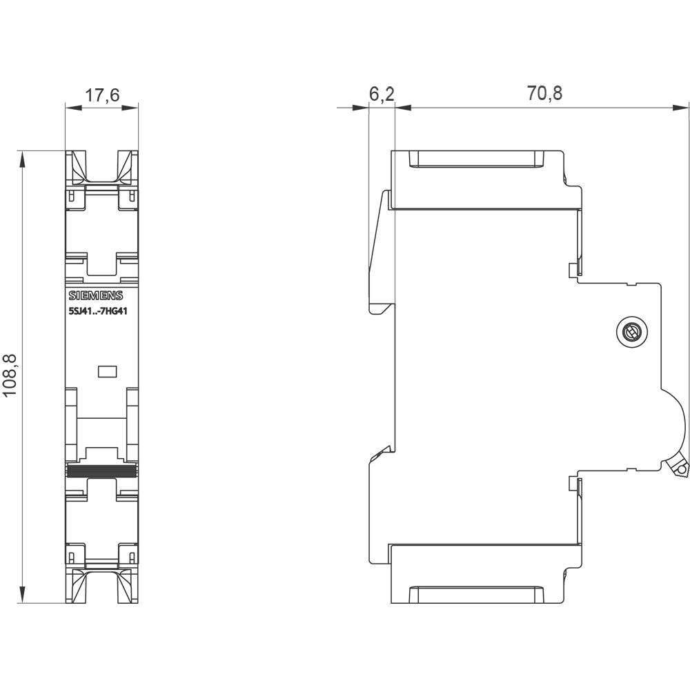 Technische Zeichnung eines Geräts, Maße sind 17,6 mm Breite, 108,8 mm Höhe, 70,8 mm Tiefe. Details und Anschlüsse sind dargestellt.