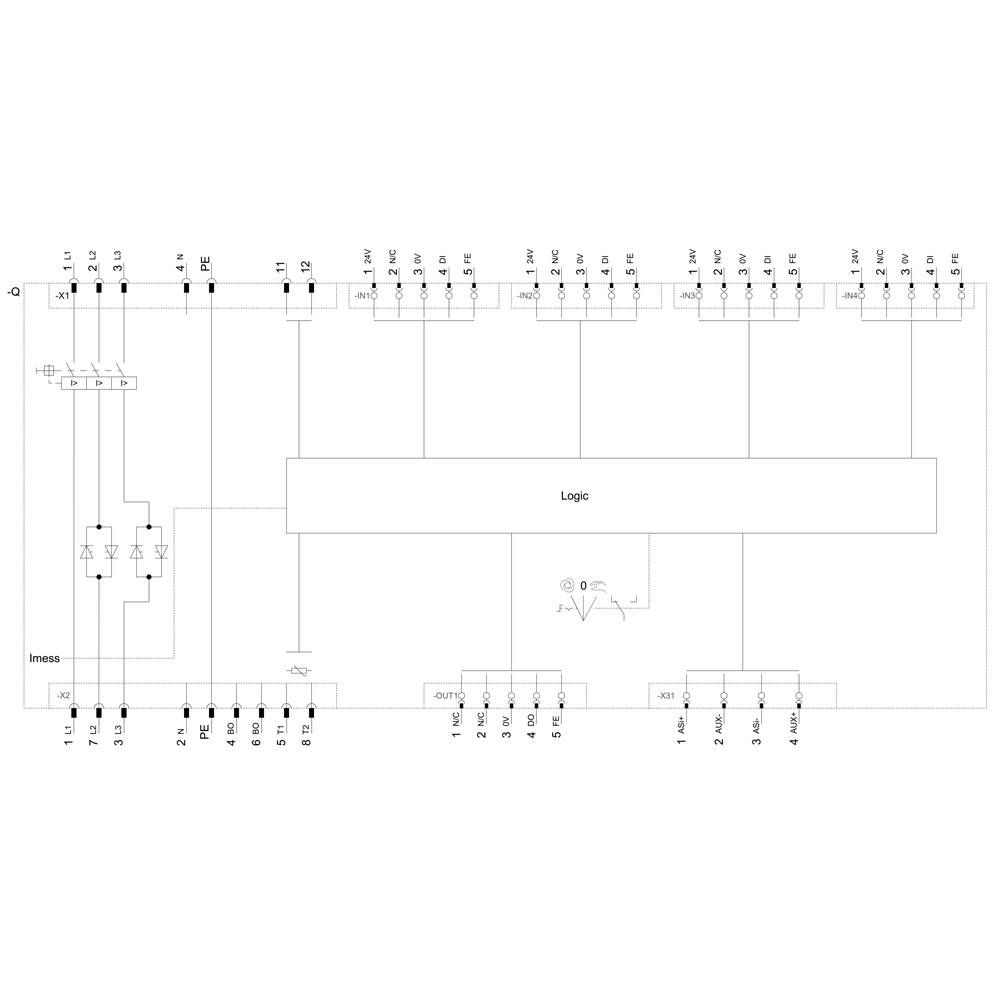 Blockdiagramm des Logikschaltkreises: Eingangssignale (E1-E8), Logikblock, Ausgangssignale (A1-A4). Messungen an E1-E4 angezeigt.