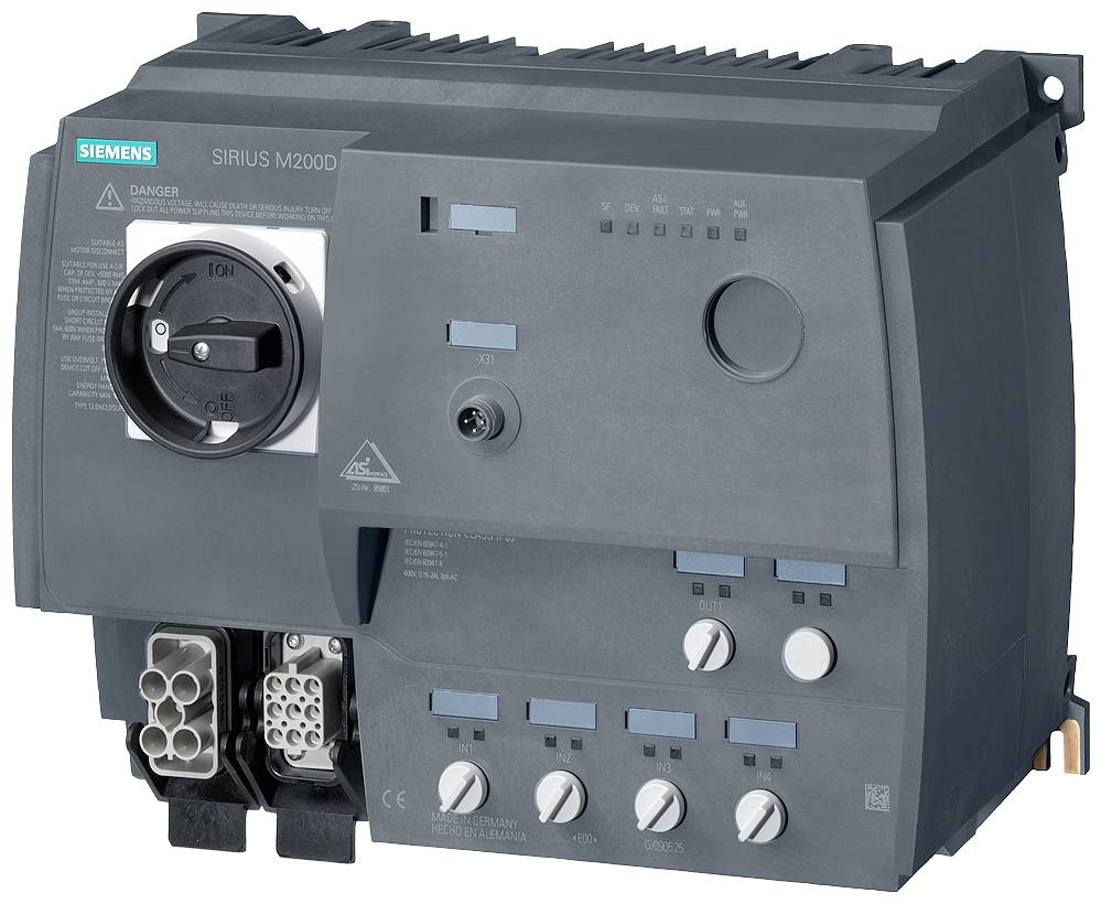 Ein graues elektrisches Steuergerät mit mehreren Drehreglern, Kippschaltern und Anschlüssen, gekennzeichnet als 'SIRIUS M200D'.