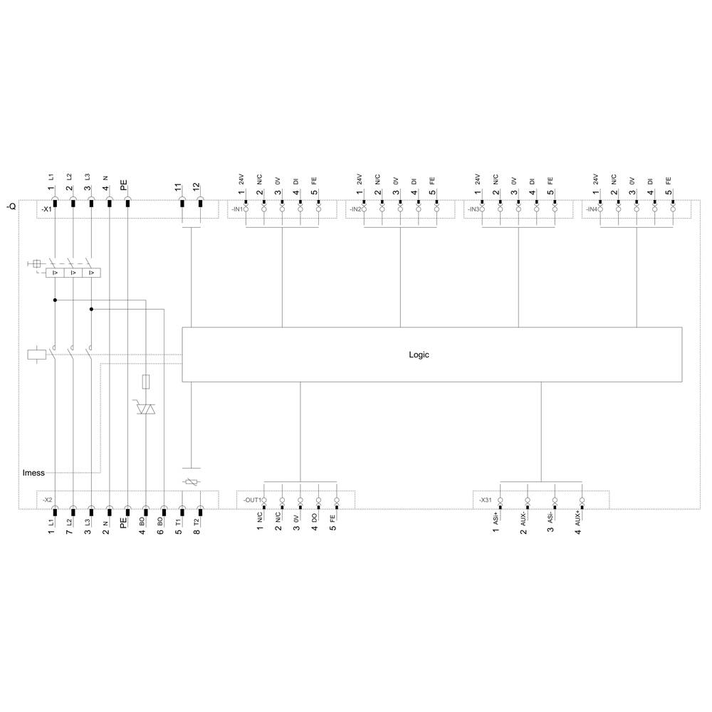Schaltplan eines elektronischen Bauteils mit Logikeinheit, Eingangs- und Ausgangsanschlüsse markiert, symbolisiert die Signalverarbeitung.