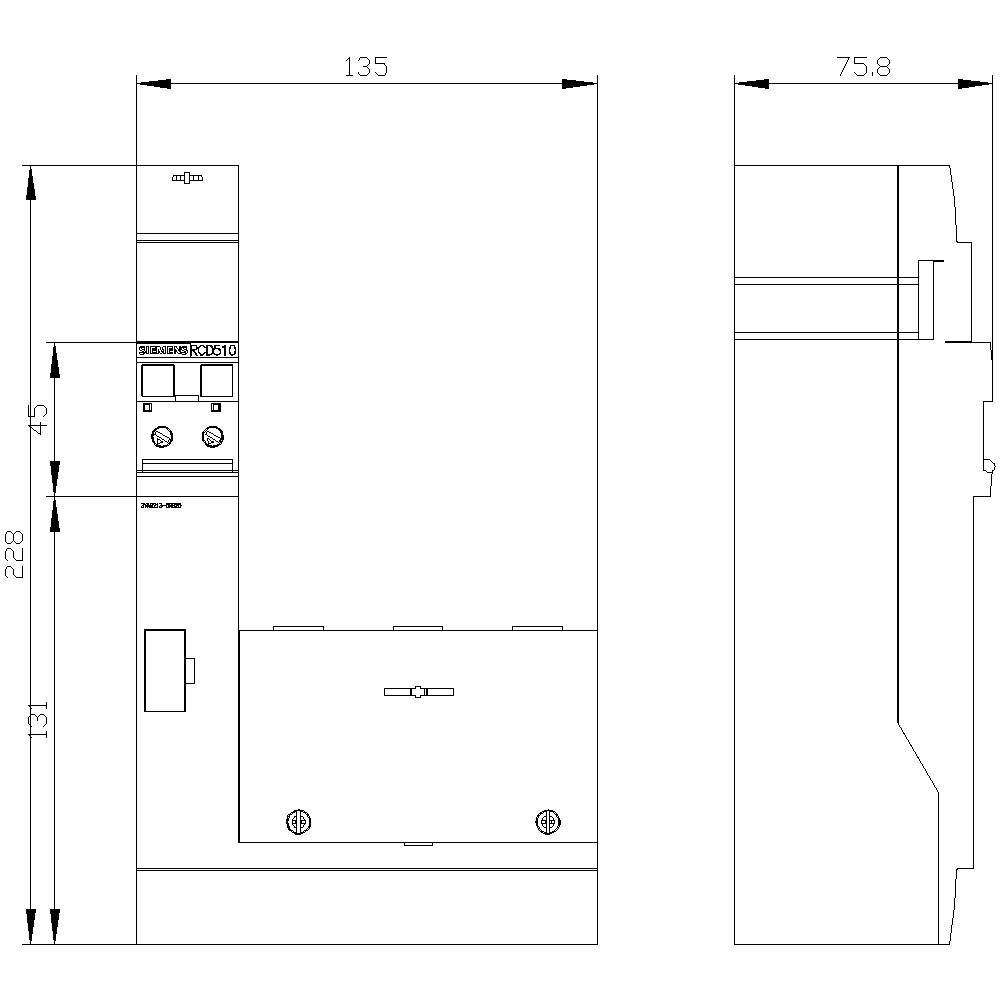 Technische Zeichnung eines elektronischen Geräts mit Abmessungen: 135 mm Breite, 228 mm Höhe, 75,8 mm Tiefe. Vorder- und Seitenansicht.