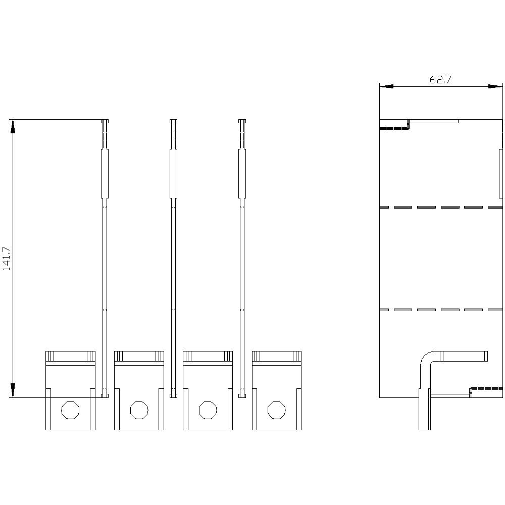 Technische Zeichnung von vier Kolben mit Abmessungen; Höhe 141,7 mm, Breite 62,7 mm. Seitenansicht und Vorderansicht dargestellt.
