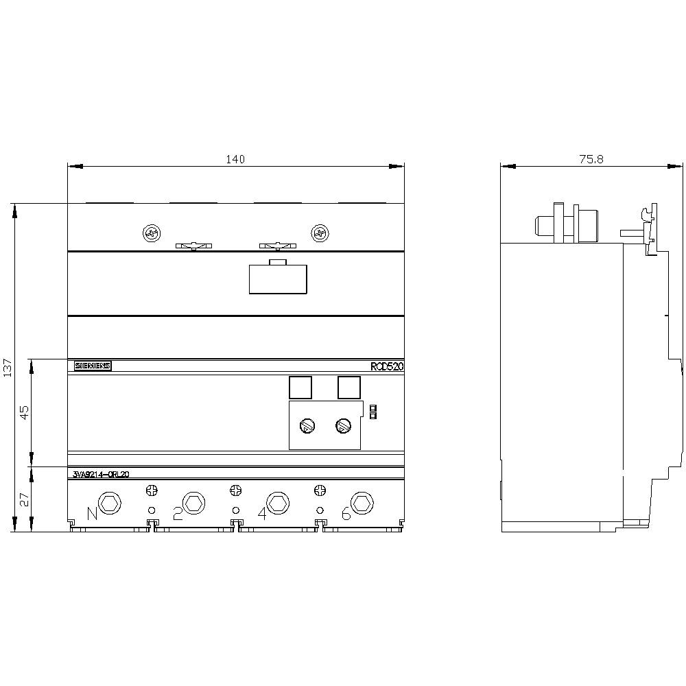 Technische Zeichnung eines elektrischen Schalters mit Maßen: Breite 140 mm, Höhe 137 mm, Tiefe 75,8 mm. Frontal- und Seitenansicht.