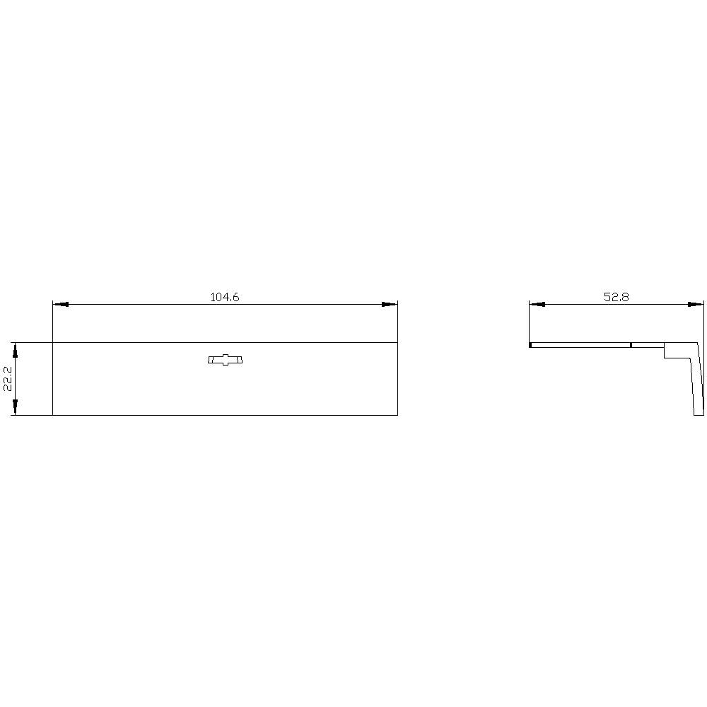 Technische Zeichnung eines rechteckigen Objekts mit Längsmaß 104,6 und Höhenmaß 22,2; Seitenansicht zeigt Tiefe 52,8.