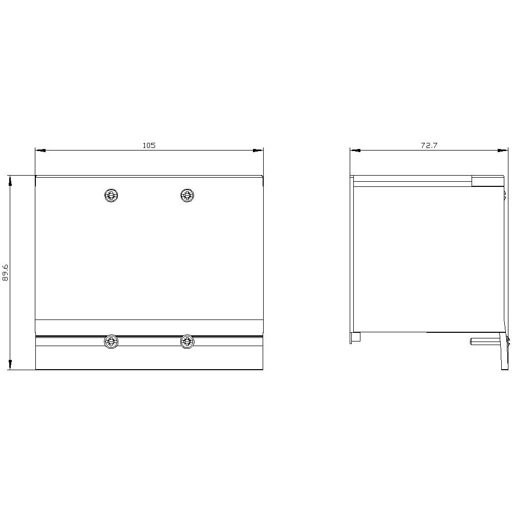 Zwei technische Zeichnungen eines Schrankes mit Maßangaben. Links: Vorderansicht mit Höhe 90,6 cm und Breite 105 cm. Rechts: Seitenansicht mit Breite 72,7 cm.