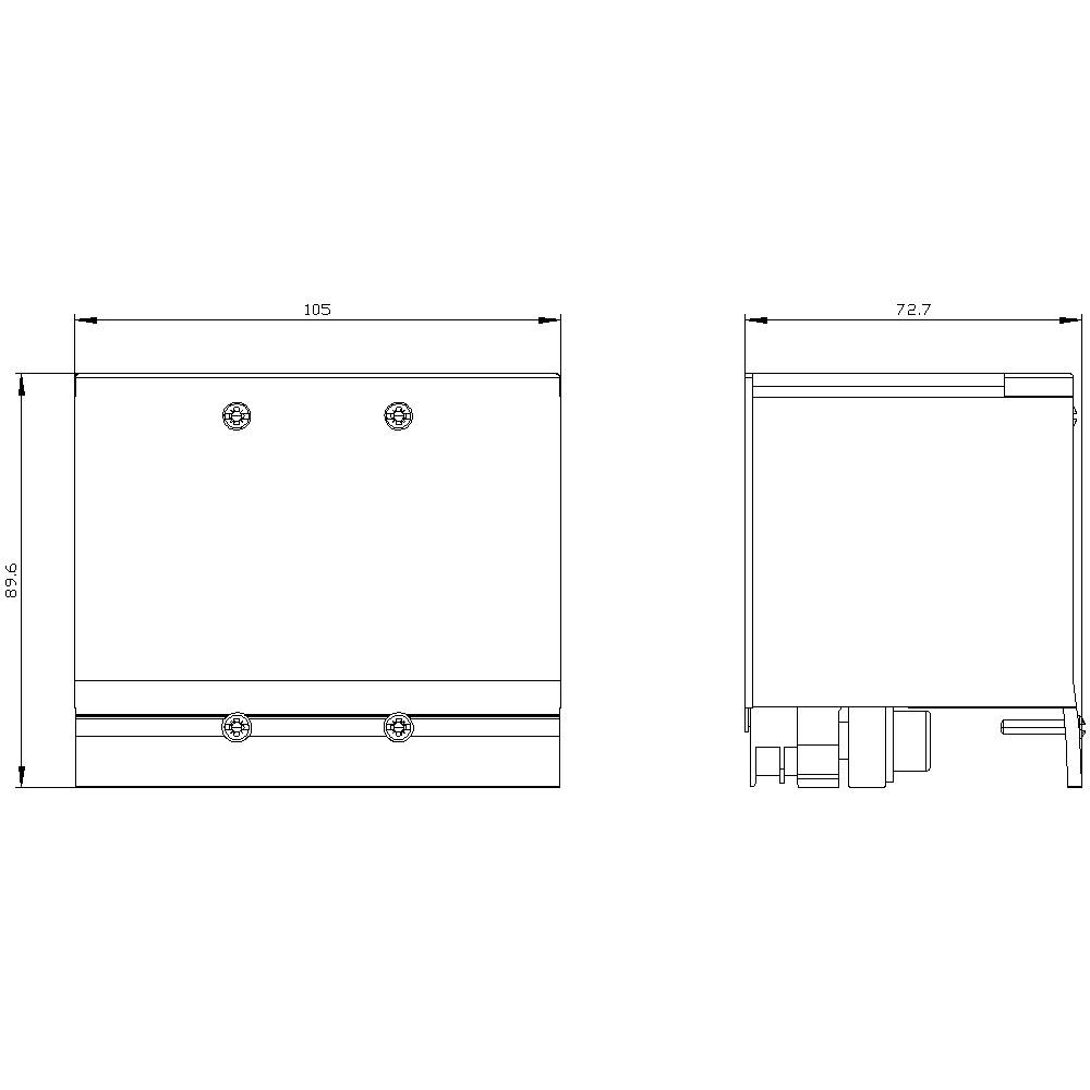 Technische Zeichnung eines rechteckigen Metallgehäuses mit Abmessungen: 105 x 95,6 mm Frontansicht, 72,7 mm Seitenansicht.