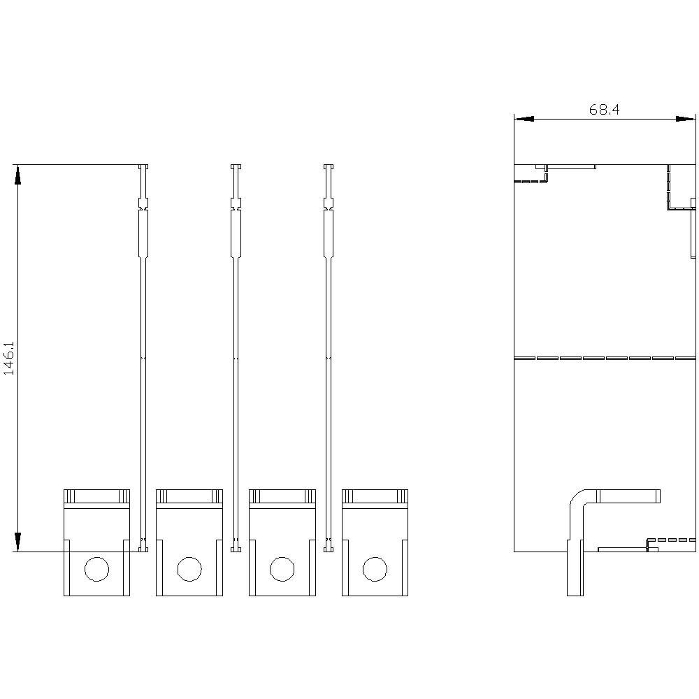 Technische Zeichnung von vier identischen vertikalen Geräten mit Maßen 1461 mm Höhe und 68,4 mm Breite, detaillierte Seitenansicht.