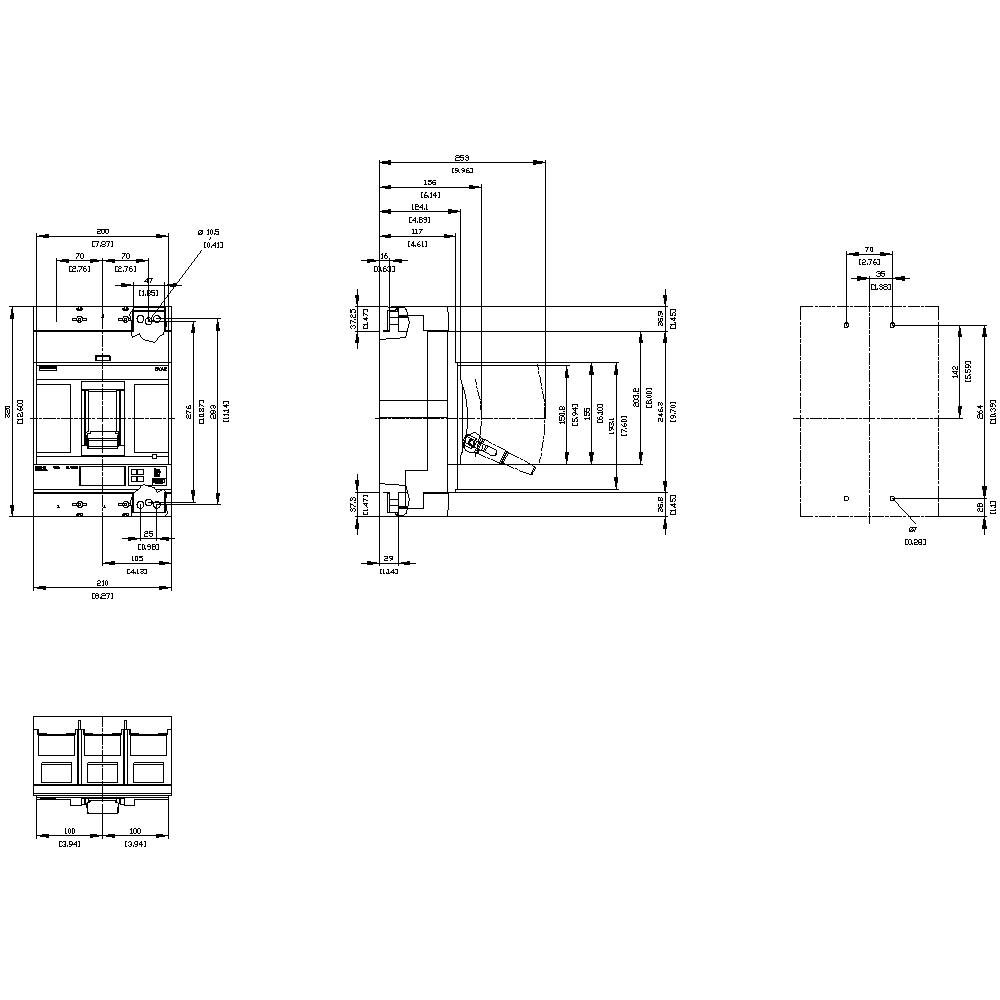 Technische Zeichnung eines mechanischen Bauteils mit dreiseitiger Ansicht und Bemaßungen. Zeigt Details und Maße des Designs.