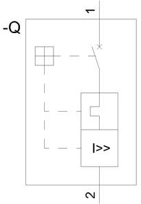 Ein vereinfachtes elektrisches Schaltplan-Diagramm mit Symbolen: Schalter (X), Stromquelle (-Q), und weiteren elektrischen Bauteilen.