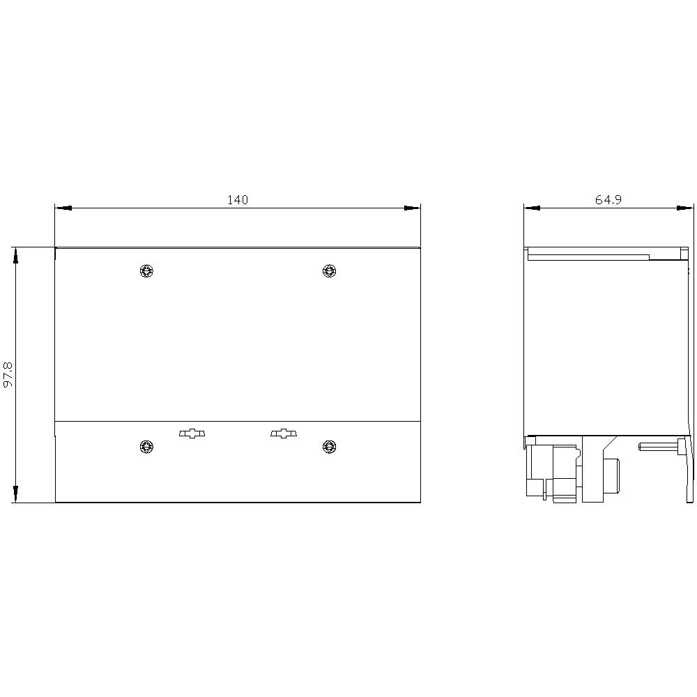 Technische Zeichnung eines rechteckigen Geräts mit Maßen, Vorder- und Seitenansicht. Maße: Breite 140 mm, Höhe 97,8 mm, Tiefe 64,9 mm.