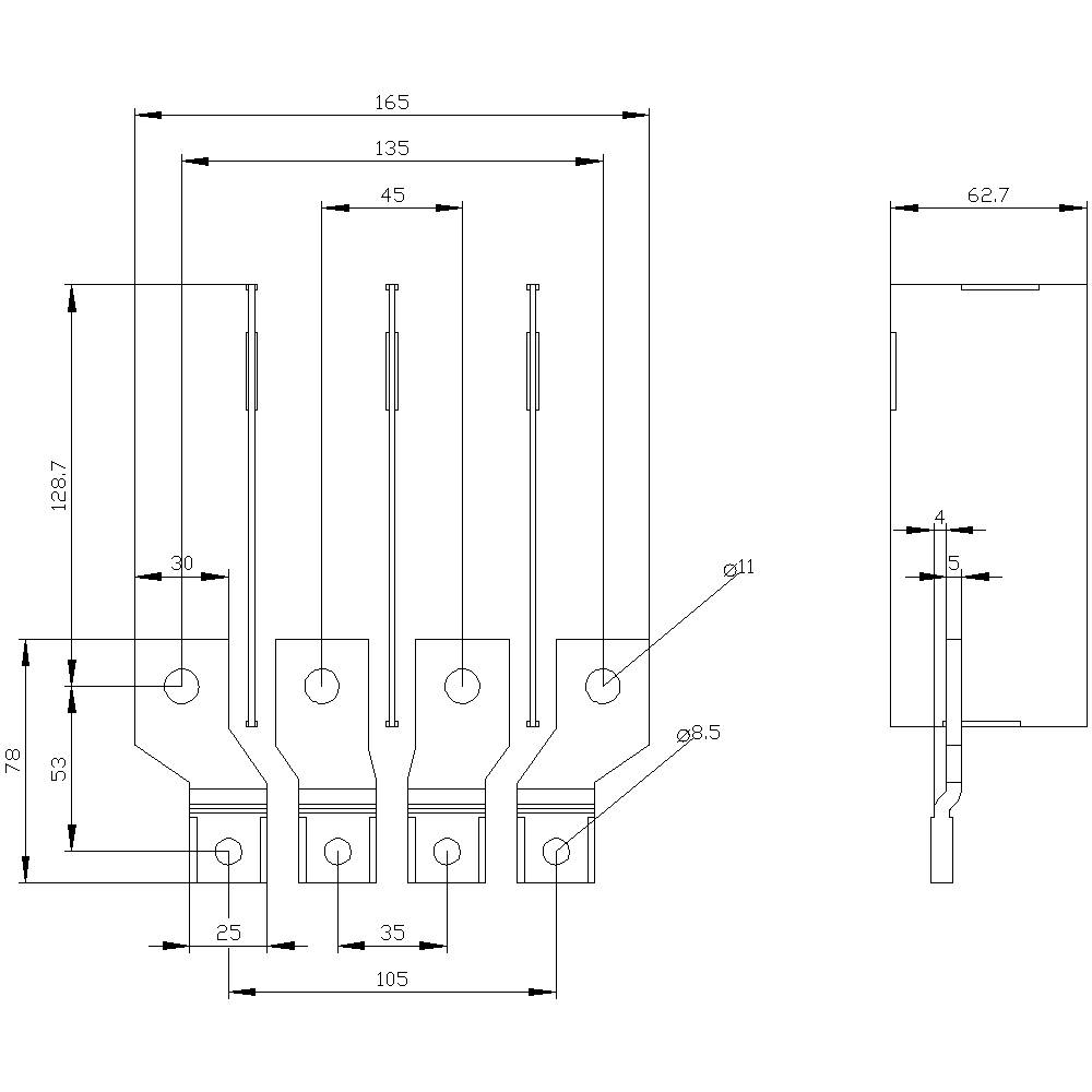 Technische Zeichnung einer Steckerleiste mit vier Kontaktstiften. Hauptabmessungen sind 165 mm Länge, 128,7 mm Höhe, 76 mm Breite.