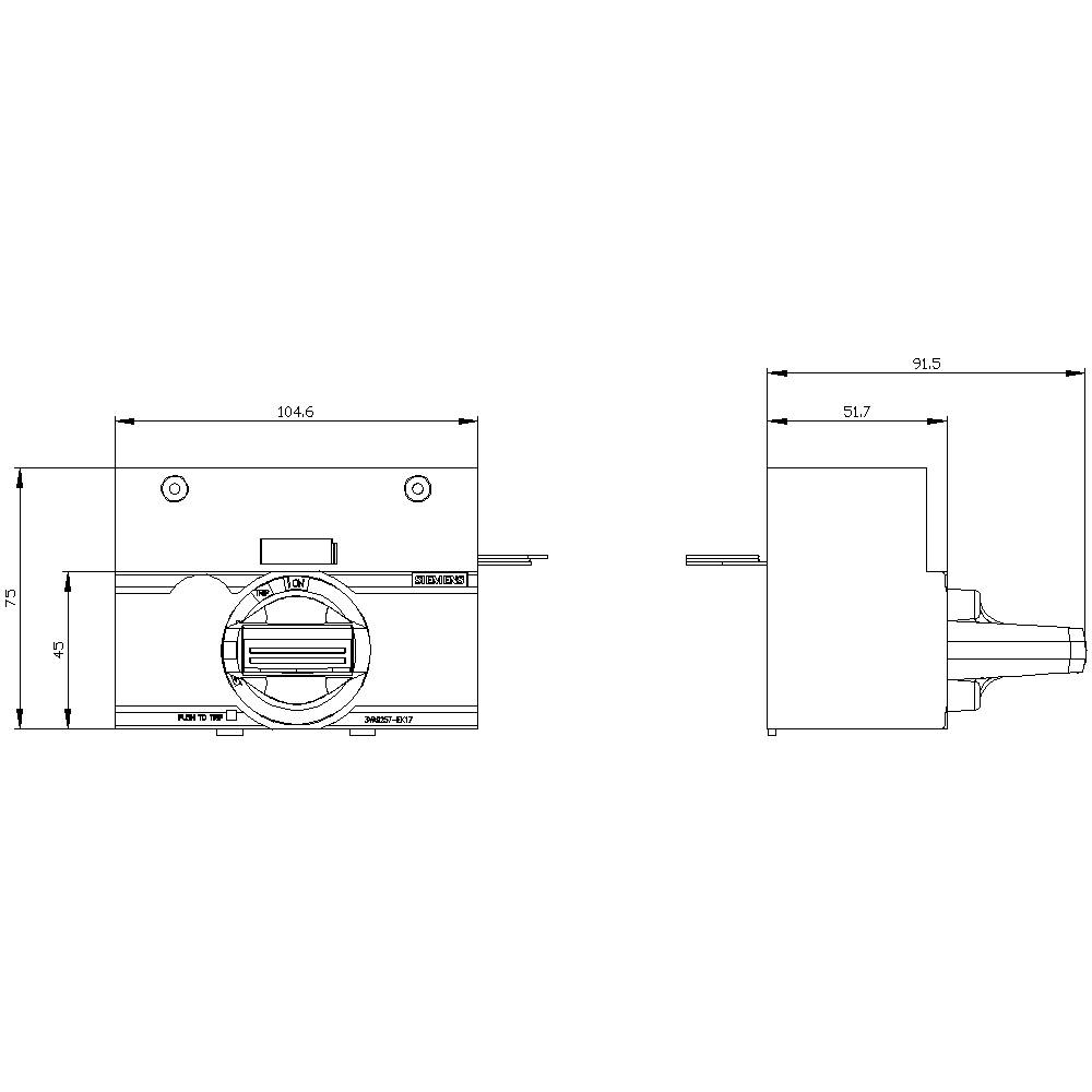 Technische Zeichnung einer zylindrischen Vorrichtung mit Abmessungen: Breite 104,6 mm, Höhe 73 mm, Tiefe 91,5 mm und 51,7 mm.