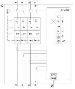 Diagramm eines elektrischen Schaltplans mit Beschriftungen wie 'ETU860'. Zeigt acht Anschlüsse und Schalterdetails.
