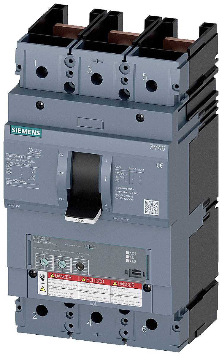 Schutzschalter von Siemens mit Bedienhebel, technischen Informationen und Warnhinweisen auf der Vorderseite.