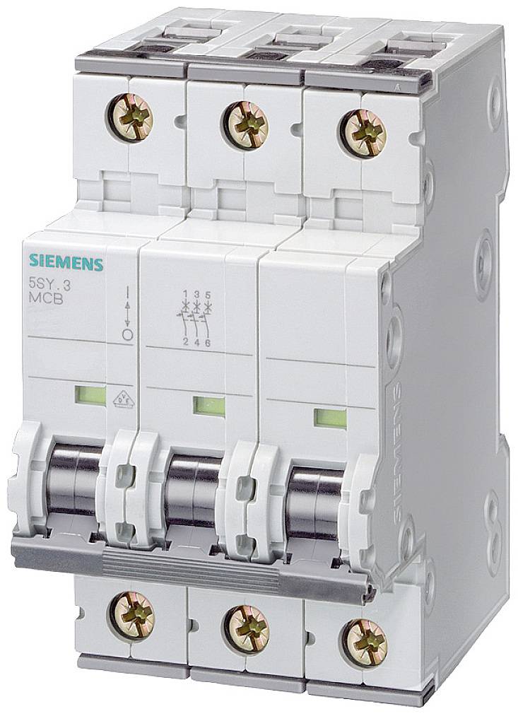 Ein dreipoliger Siemens-Leistungsschalter, Typ 5SY3 MCB, mit Kontrollanzeigen für den Schaltstatus, geeignet für elektrische Sicherungen.