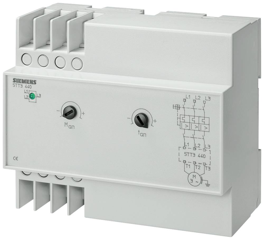 Elektrisches Schaltgerät von Siemens mit 2 Drehschaltern und Symbolen für die Schaltung. Model '5TT3 440'.