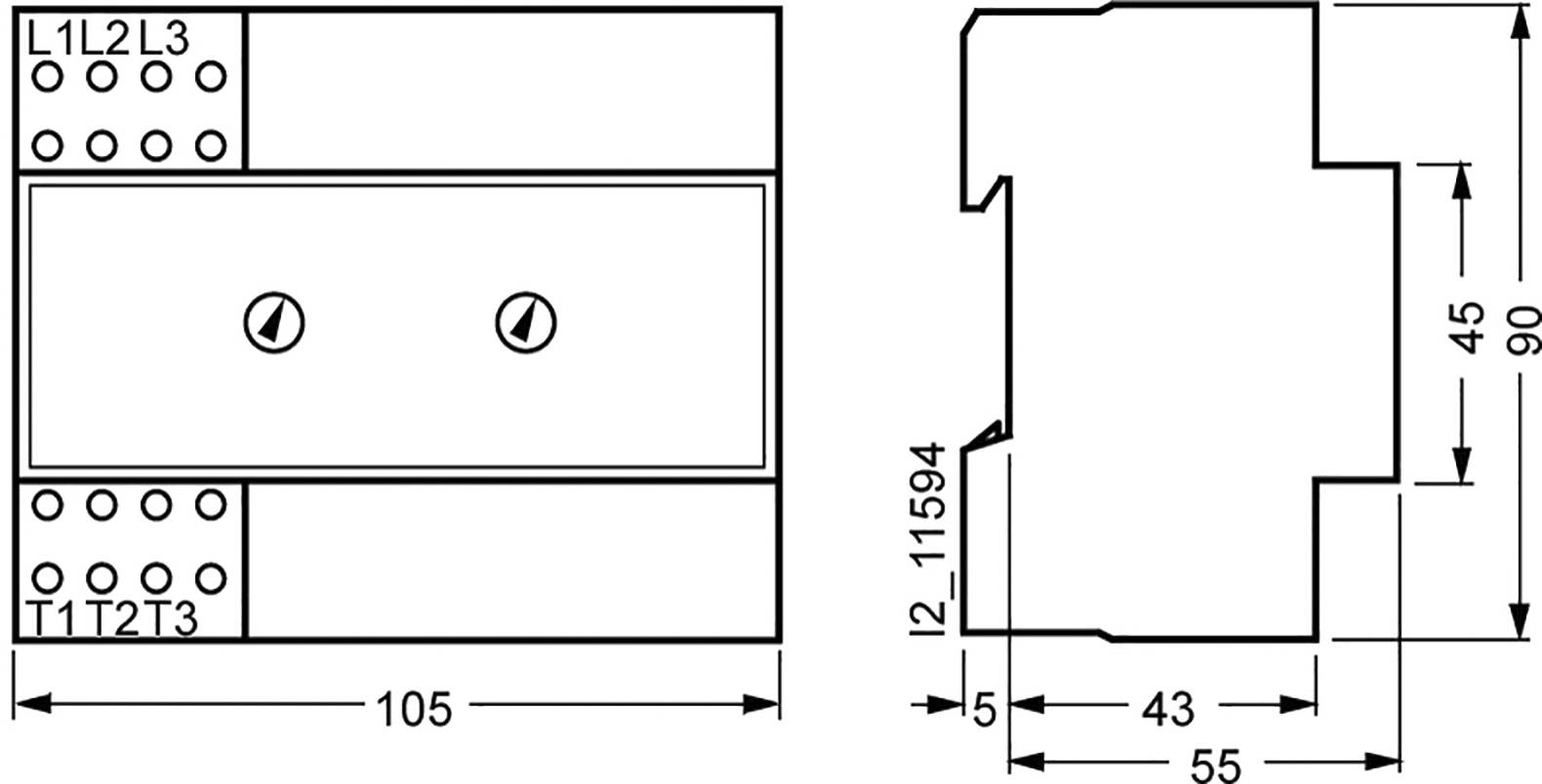 Diagramm einer elektrischen Komponente mit Maßen: Breite 105 mm, Tiefe 55 mm, und Höhe 90 mm, zeigt Anschlüsse L1, L2, L3, T1, T2, T3.