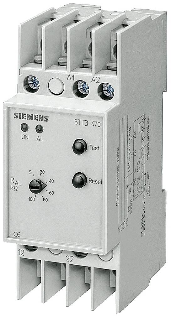 Ein Siemens Relais mit der Modellnummer 5TT3 470. Es verfügt über Anschlüsse und Bedienelemente wie Test- und Reset-Buttons.
