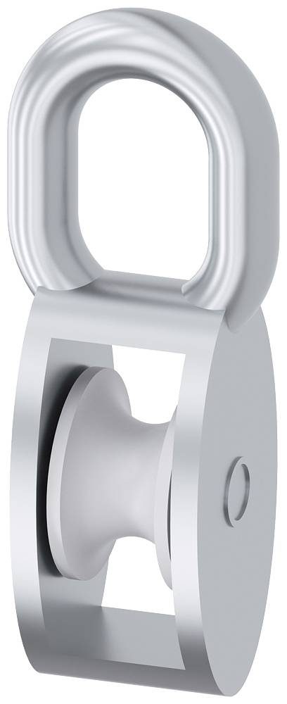 Silberne Seilrolle mit Haken, geeignet zur Umlenkung von Seilen oder Kabeln. Ideal für Anwendungen mit leichter Last.