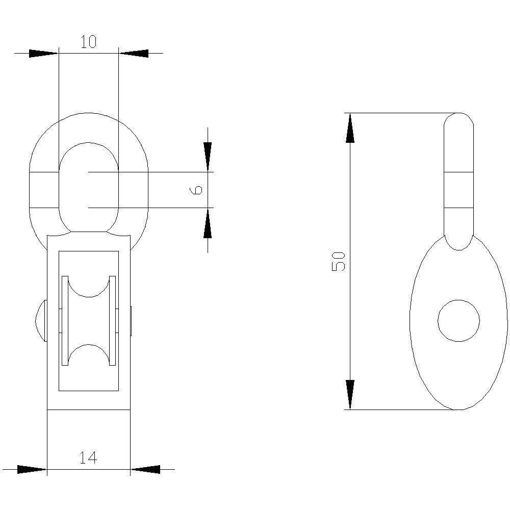 Technische Zeichnung eines ovalen Liftschäkels mit Maßen: Breite 14 mm, Höhe 50 mm. Bohrungsdurchmesser und Schraubdetails sind abgebildet.