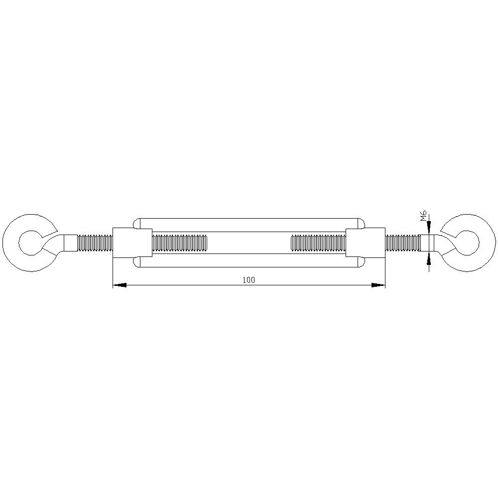Zeichnung einer Spannschraube mit Ösen an beiden Enden, einer Länge von 100 mm und einem Durchmesser von 16 mm.