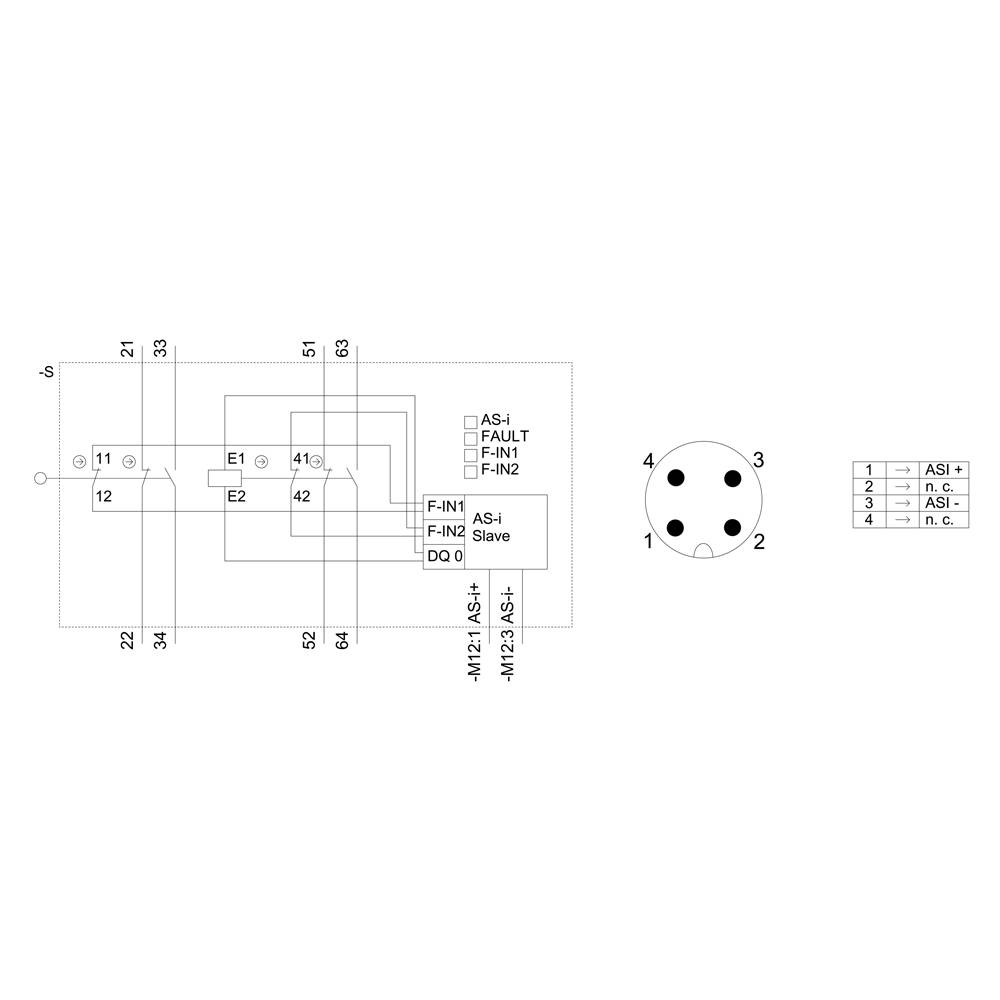 Schematische Darstellung eines elektrischen Schaltplans mit Pinbelegung eines Steckers. Details zu ASI-Fault und ASI-Slave dargestellt.
