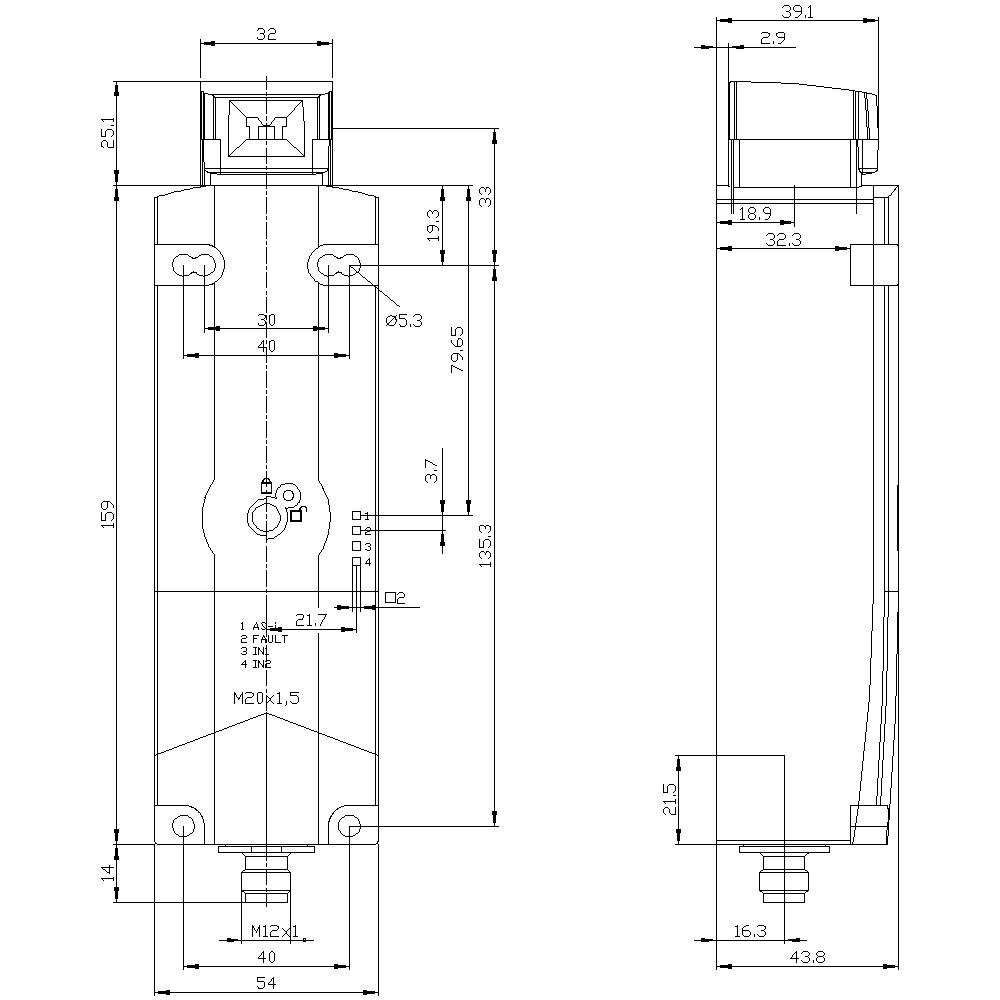 Technische Zeichnung eines mechanischen Bauteils mit Maßen. Enthält spezifische Angaben zu Höhe, Breite und Bohrungspositionen.