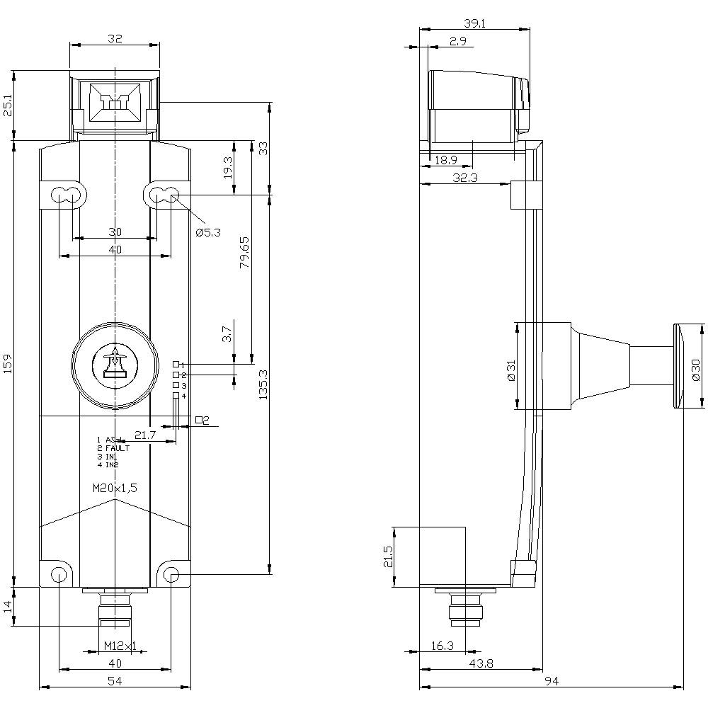 Technische Zeichnung eines mechanischen Bauteils mit Front- und Seitenansicht, Maßen in Millimetern und verschiedenen Bohrungen.