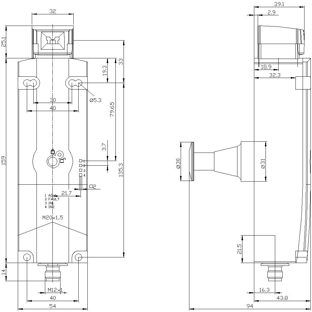 Technische Zeichnung eines elektronischen Bauteils mit detaillierten Maßen und Beschriftungen zur Montage oder Herstellung.