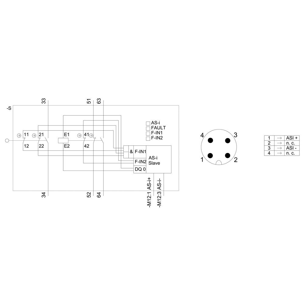 Schaltplan mit 4-poligem Stecker. Links Schaltkreise AS-I, FAULT, F-IN1, F-IN2. Rechts Pol-Zuordnung 1-4. AS-I Leitung detailliert.