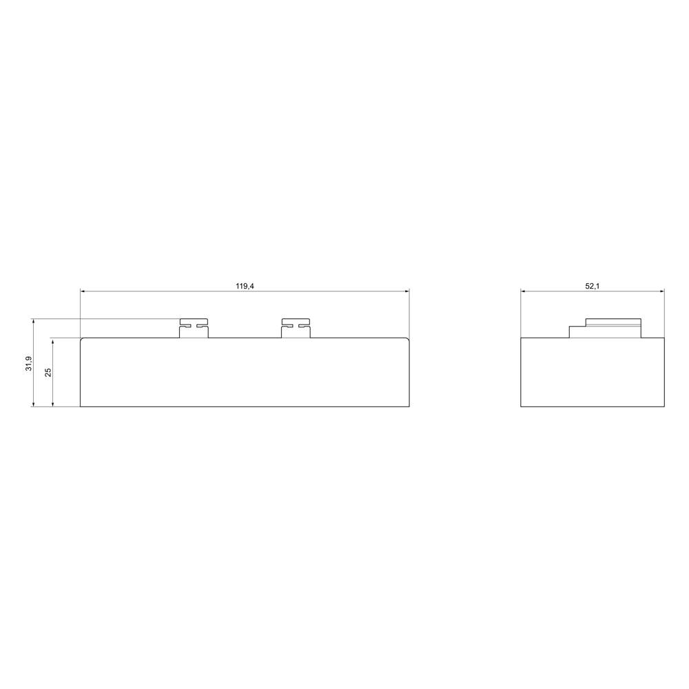 Zeichnung einer rechteckigen technischen Komponente mit Maßen. Links: 119,4 Breite, 31,9 Höhe. Rechts: 52,1 Breite, mit Angriffspunkten.