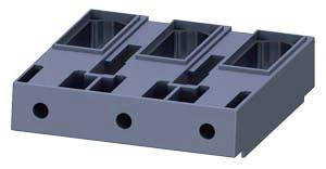 Grauer, rechteckiger Steckverbinder mit drei rechteckigen Öffnungen und drei runden Anschlusslöchern unten.