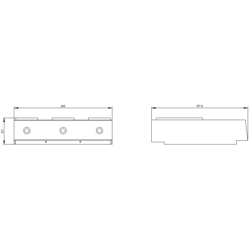 Mechanische Zeichnung eines Bauteils mit Maßen: Länge 100 mm, Breite 57 mm, Höhe 9 mm, und drei Bohrungen unten.